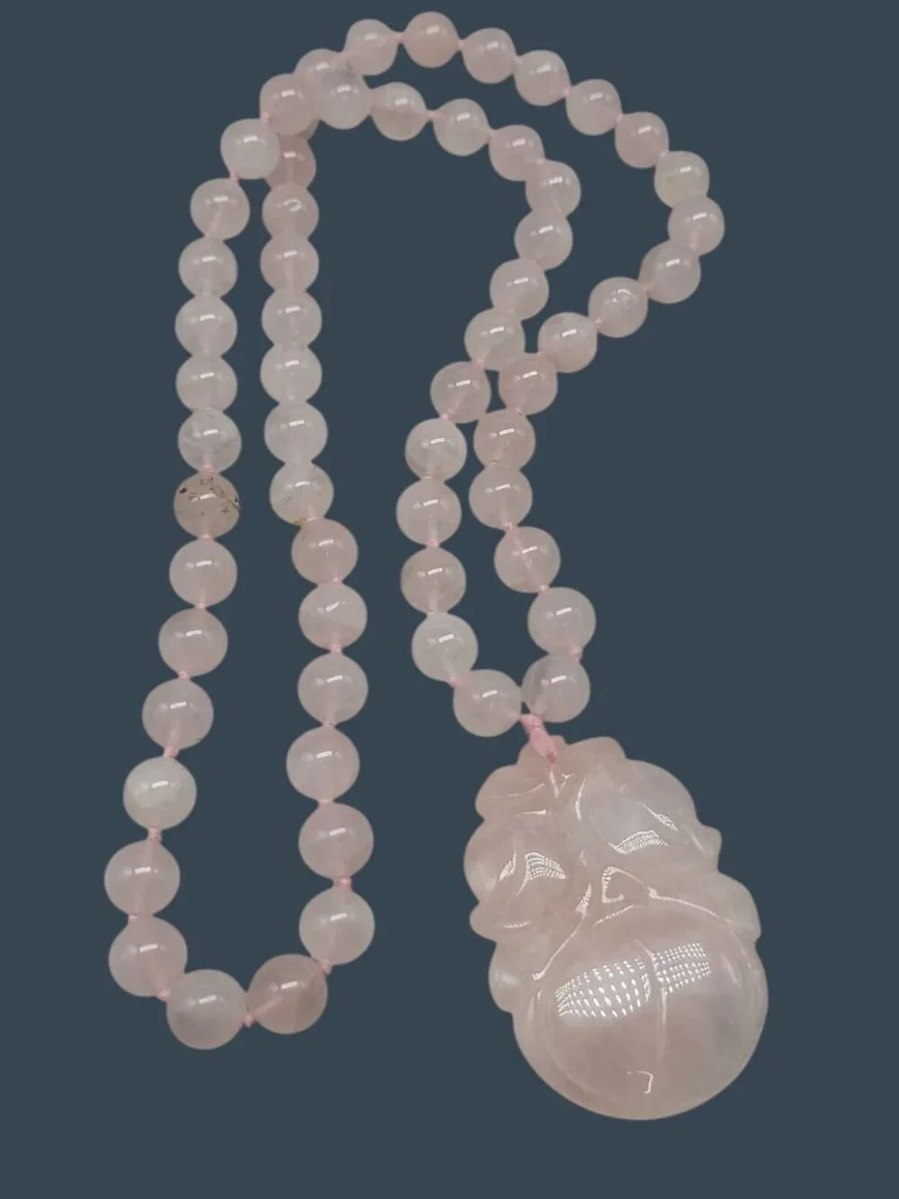Chinese Rose Quartz Hand Knotted Mala Lotus Design Necklace 28